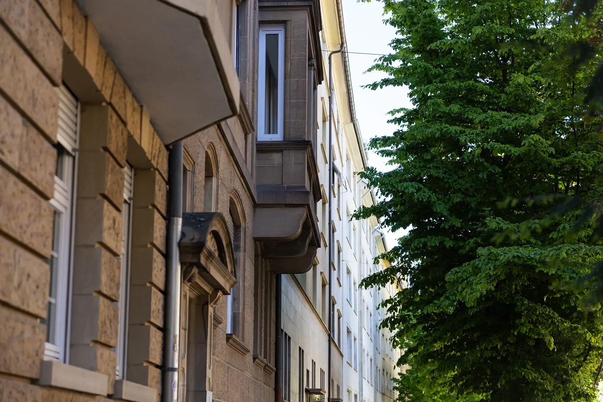 Erker und Gesimse einer gepflegten Altbaufassade im warmen Nachmittagslicht.